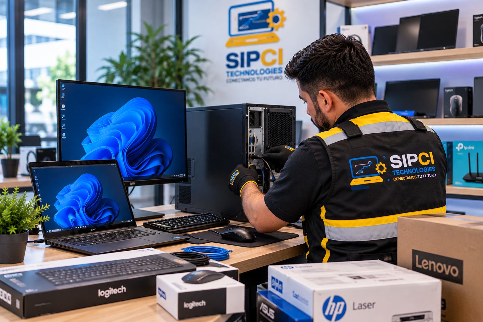 Técnico de SIPCI Technologies instalando y configurando equipos de cómputo en un espacio de trabajo