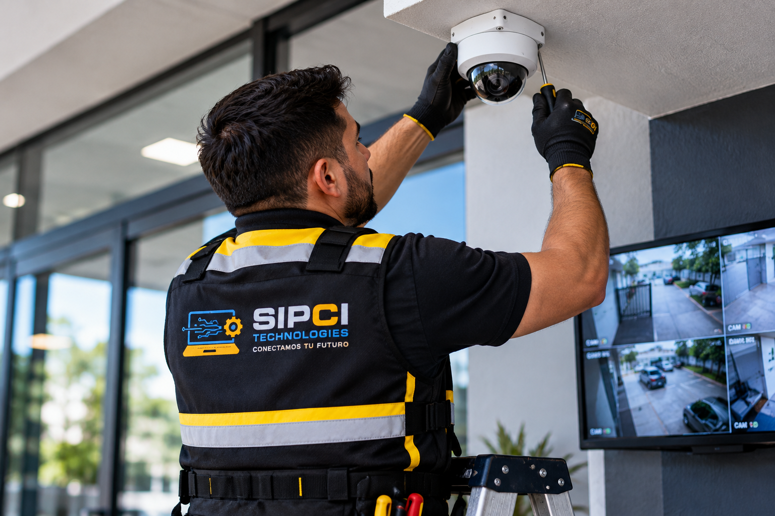 Técnico de SIPCI Technologies instalando una cámara de seguridad y revisando el sistema de videovigilancia