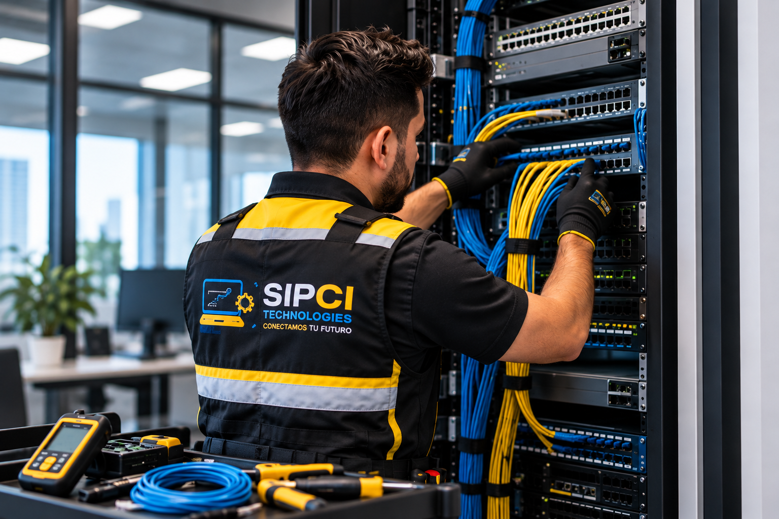 Técnico de SIPCI Technologies organizando cableado Ethernet y configurando switches en un rack de red