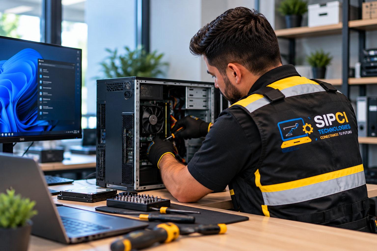 Técnico de SIPCI Technologies realizando mantenimiento y diagnóstico de una computadora de escritorio
